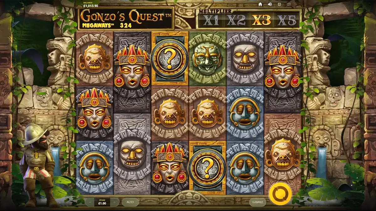 Gonzo berdiri di depan reruntuhan kuil kuno dalam slot Gonzo’s Quest Megaways