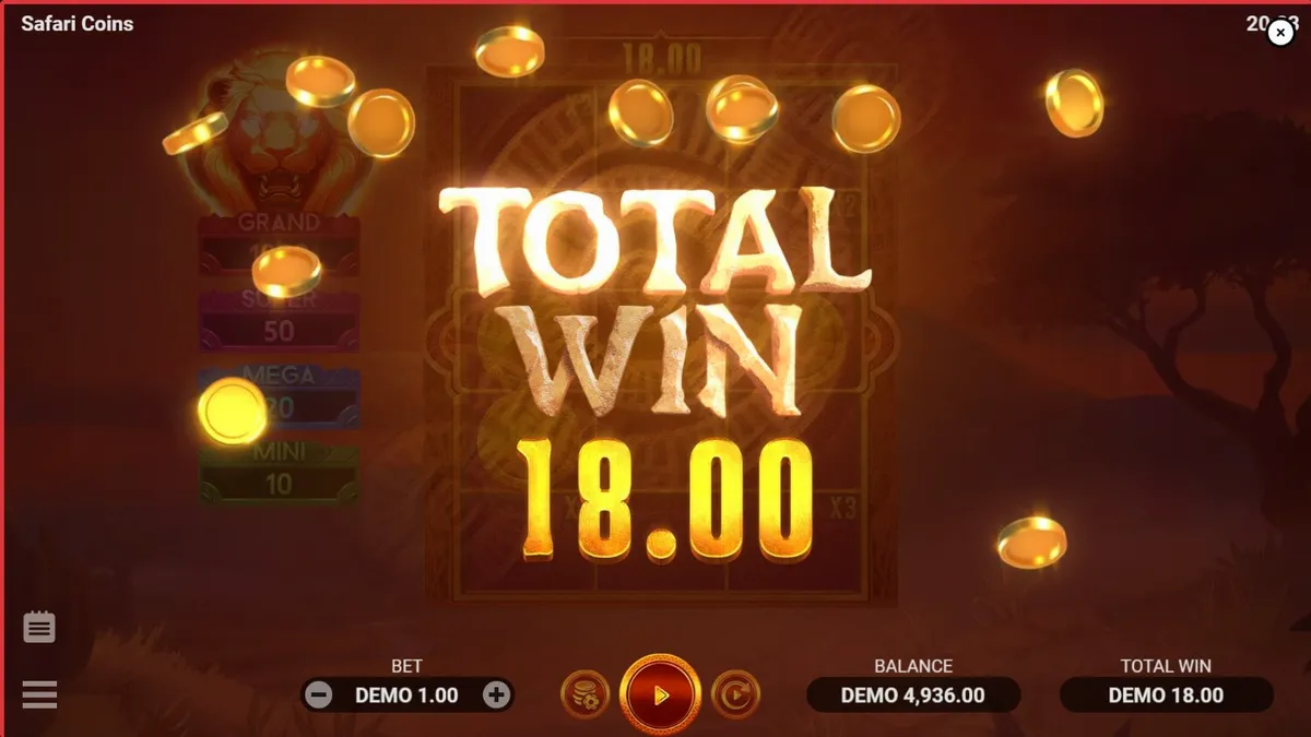 Tampilan visual slot Safari Coins dengan latar belakang savana Afrika